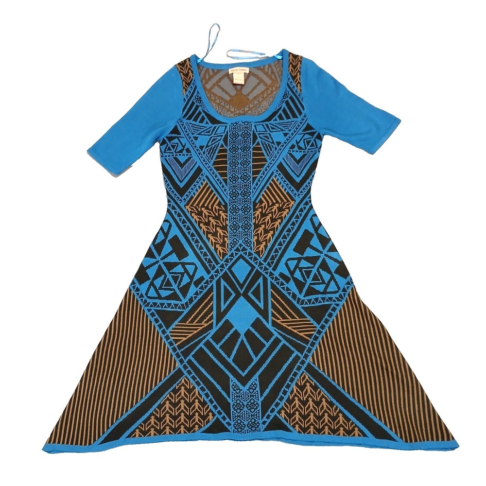 Flying Tomato Womens Boho Aztec Geo Print Knit Fit Flare Sweater Dress Size S‎